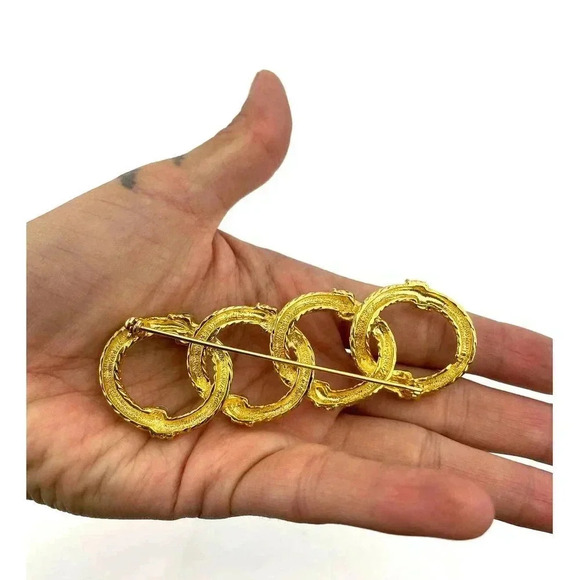 VTG Gold Tone Enamel Brooch Pin Clear Rhinestone Circle Loop Retro - Picture 2 of 8